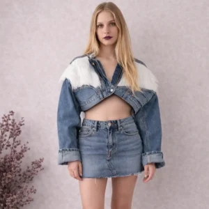 Upcycled Cropped Denim Jacket with Faux Fur